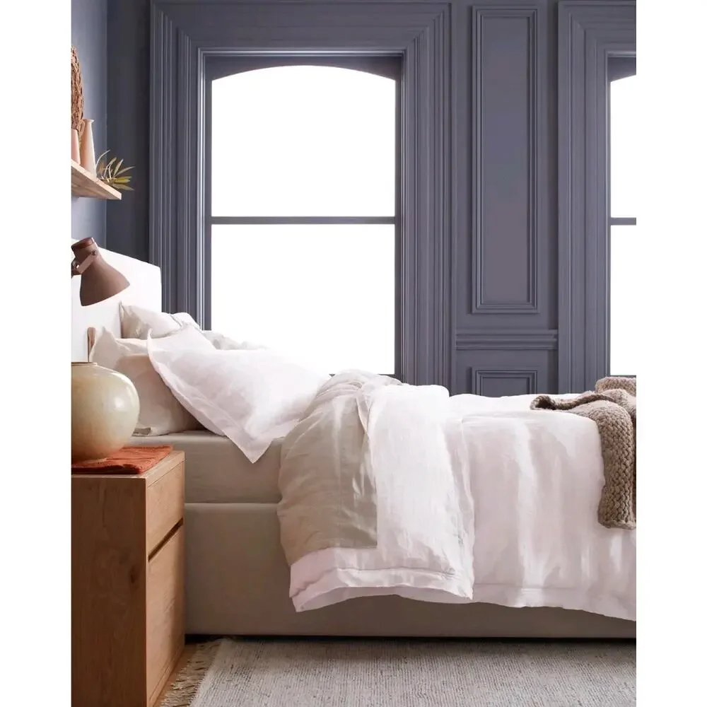 New Quince Linen Double Flange Duvet Cover Set Full Queen White 3pc 2 Shams